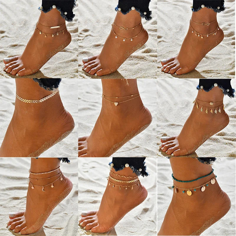 Double Layer Anklets For Women Pearl Streaming Pendant Foot Chains