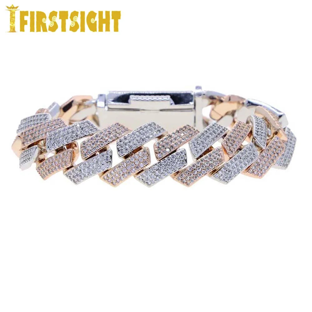 Iced Out Cuban Link Bracelet For Men Prong Setting CZ Cubic Zirconia Two Tone Color Chain Bangle Hip Hop Jewelry