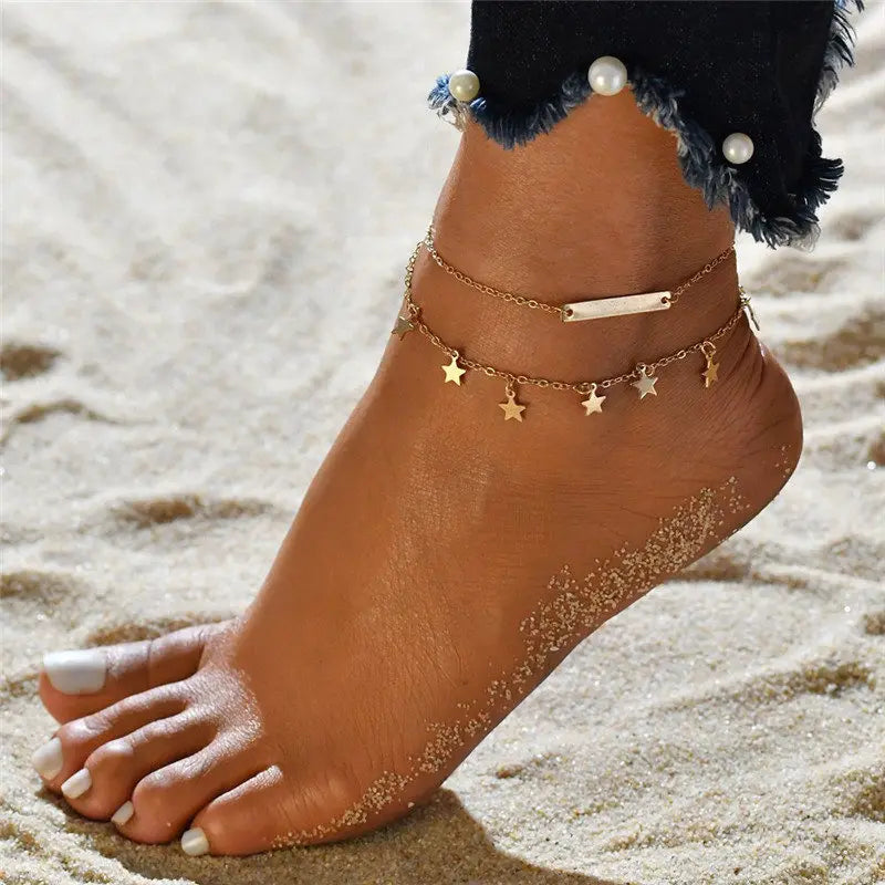 Double Layer Anklets For Women Pearl Streaming Pendant Foot Chains