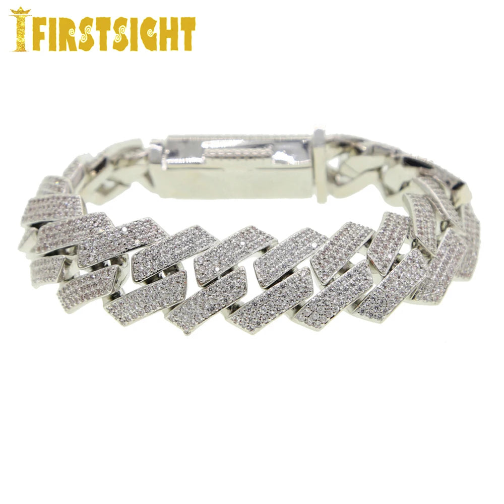 Iced Out Cuban Link Bracelet For Men Prong Setting CZ Cubic Zirconia Two Tone Color Chain Bangle Hip Hop Jewelry