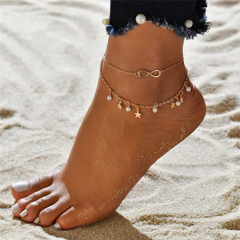Double Layer Anklets For Women Pearl Streaming Pendant Foot Chains