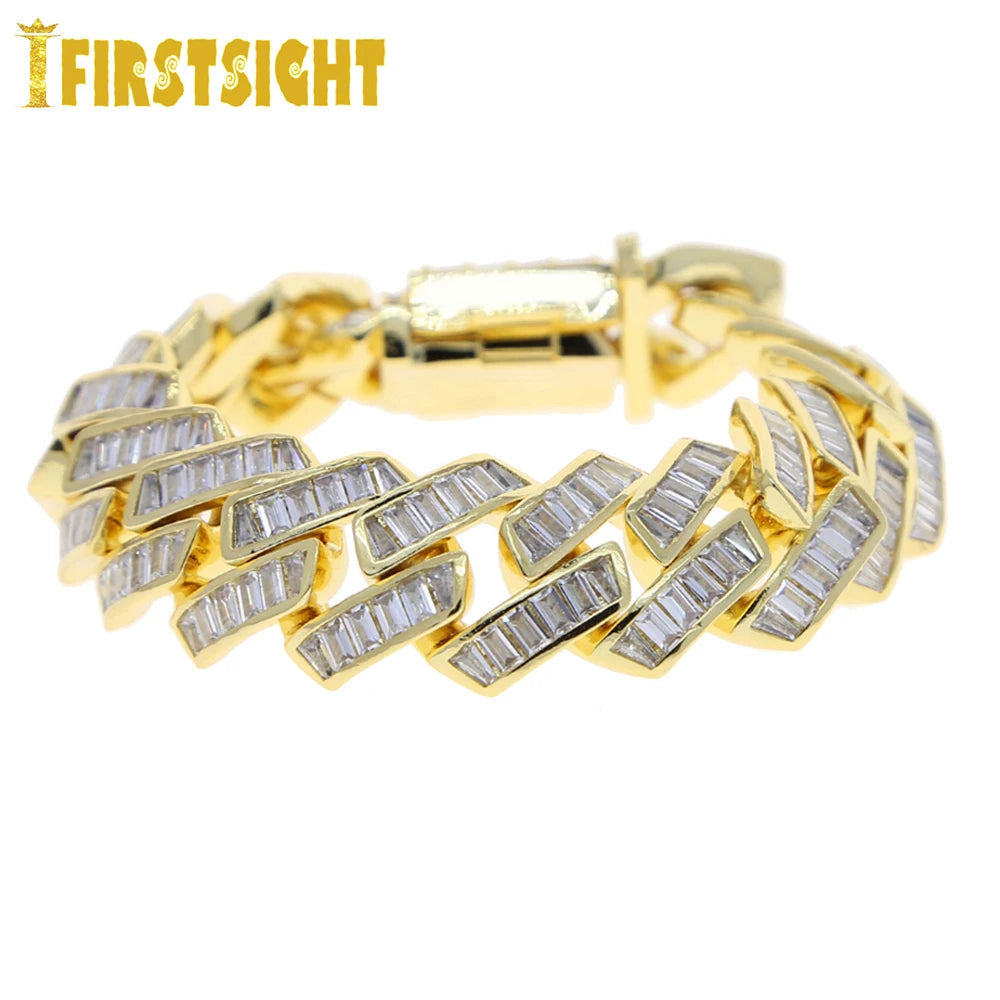 Iced Out Cuban Link Bracelet For Men Prong Setting CZ Cubic Zirconia Two Tone Color Chain Bangle Hip Hop Jewelry