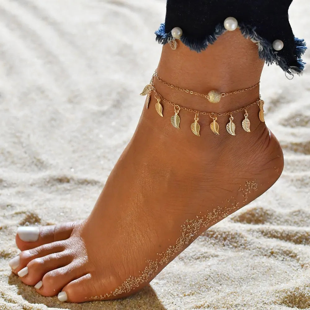 Double Layer Anklets For Women Pearl Streaming Pendant Foot Chains