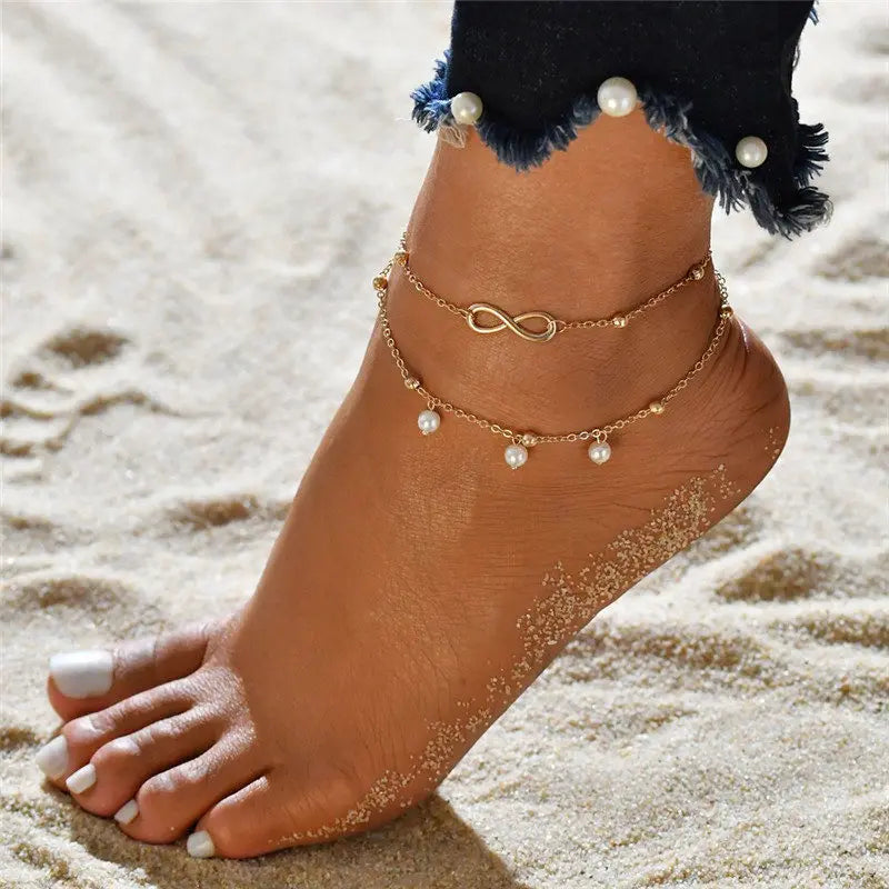 Double Layer Anklets For Women Pearl Streaming Pendant Foot Chains