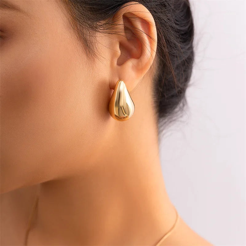 Gold-Plated Round Top With Glossy Tear Drop Earrings