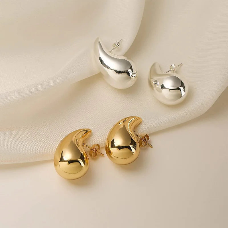 Gold-Plated Round Top With Glossy Tear Drop Earrings