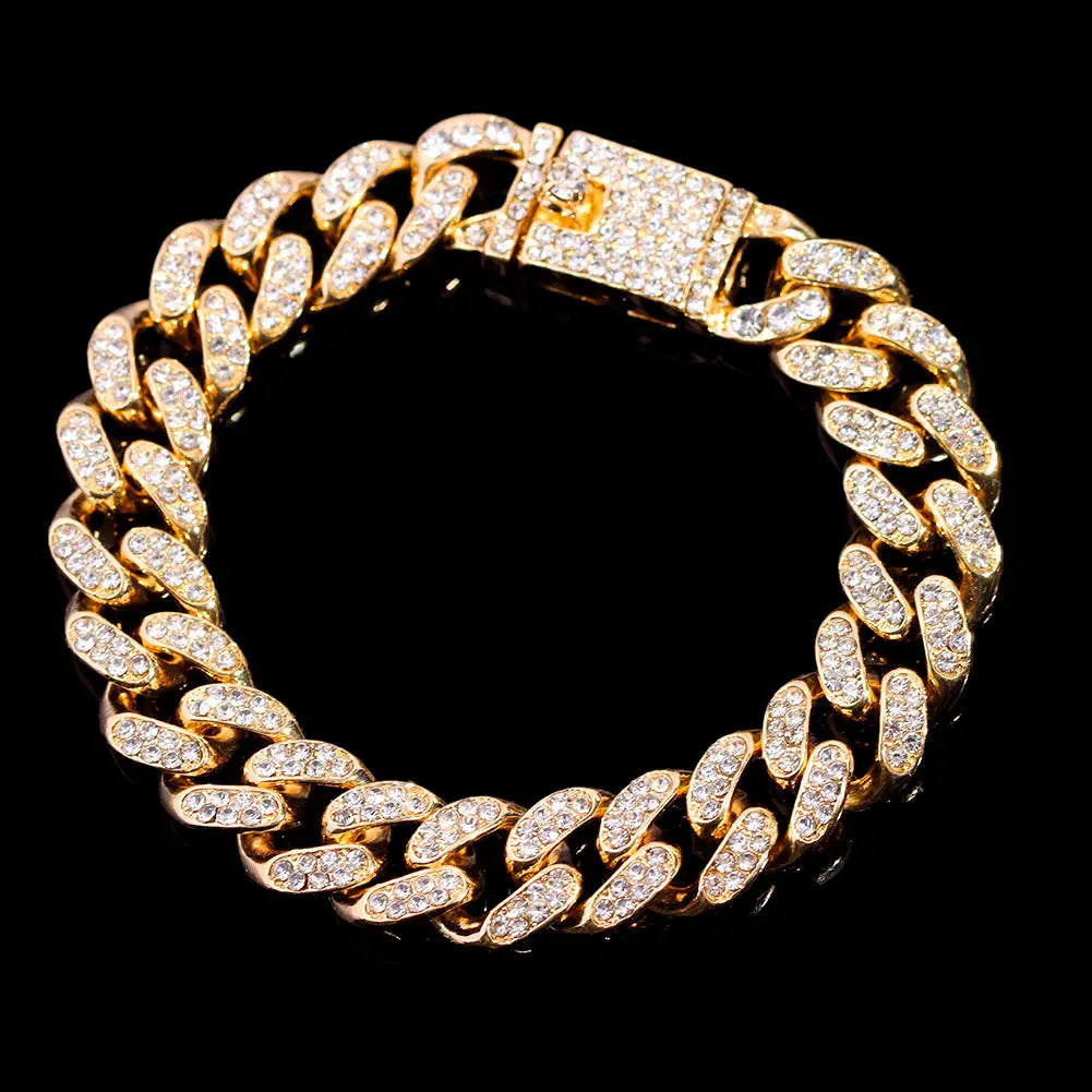 Cuban Link Chain Iced Out 2 Row Rhinestone Cuban Chain Bracelets Wristband
