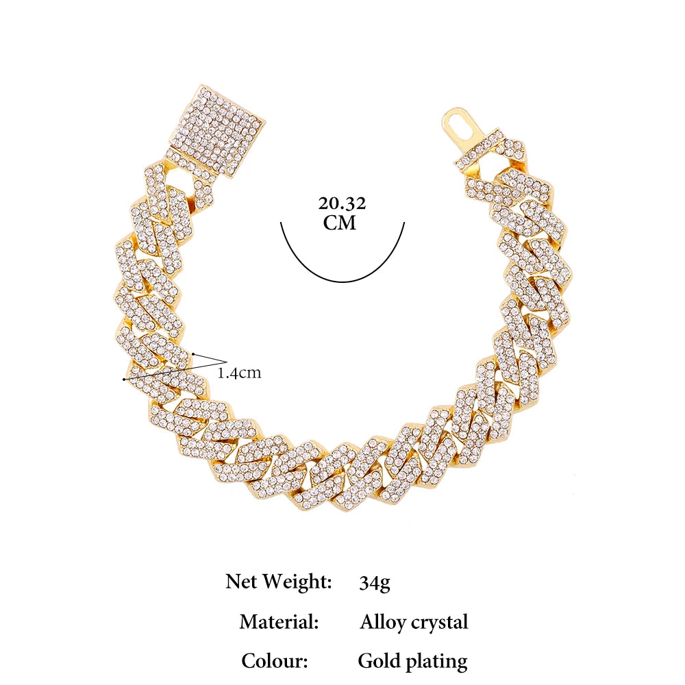 Cuban Link Chain Iced Out 2 Row Rhinestone Cuban Chain Bracelets Wristband
