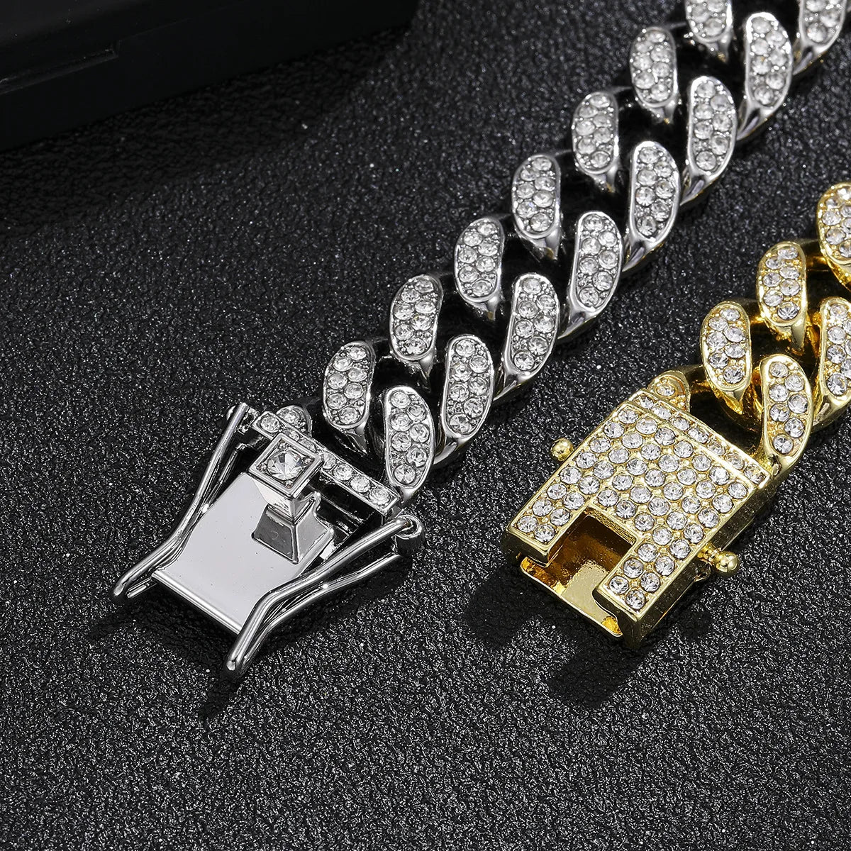 Crystal Stone Cuban Chain Hip Hop Bracelet Metal Link Chain Rhinestone Luck Closure Lock