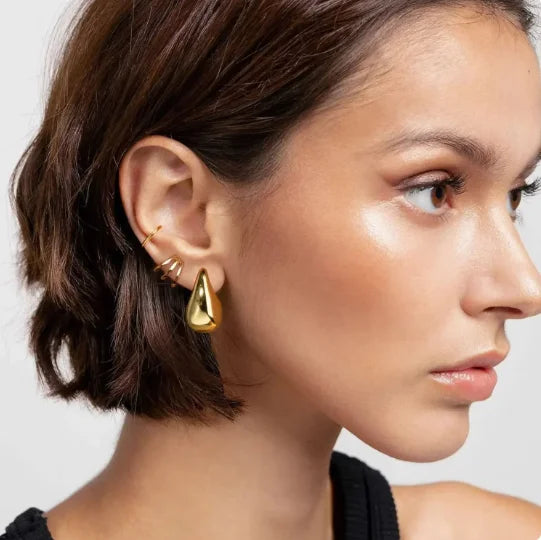 Gold-Plated Round Top With Glossy Tear Drop Earrings