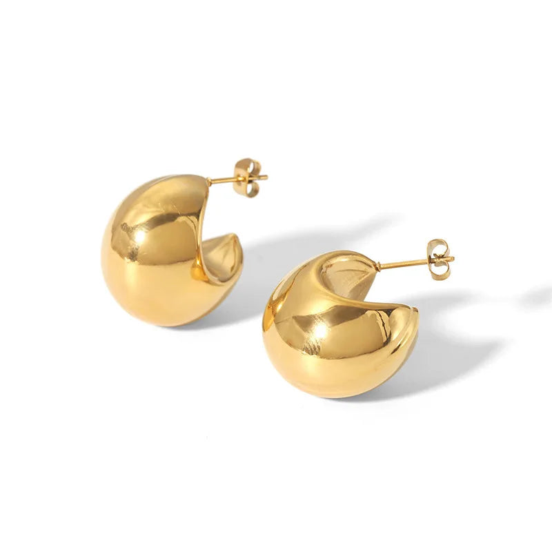 Gold-Plated Round Top With Glossy Tear Drop Earrings