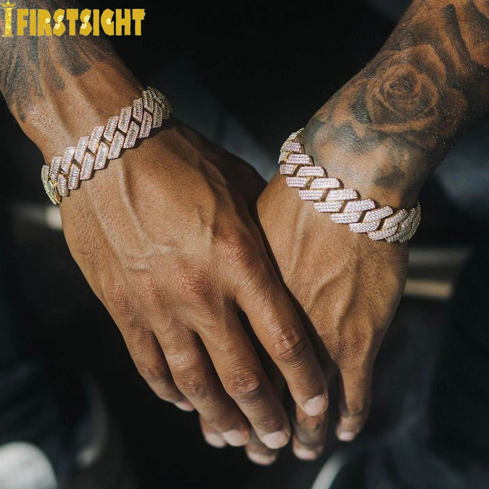 Iced Out Cuban Link Bracelet For Men Prong Setting CZ Cubic Zirconia Two Tone Color Chain Bangle Hip Hop Jewelry