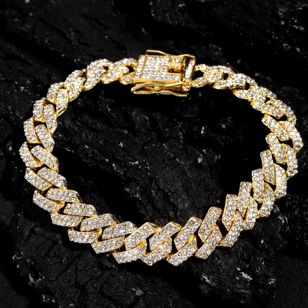 Cuban Link Chain Iced Out 2 Row Rhinestone Cuban Chain Bracelets Wristband