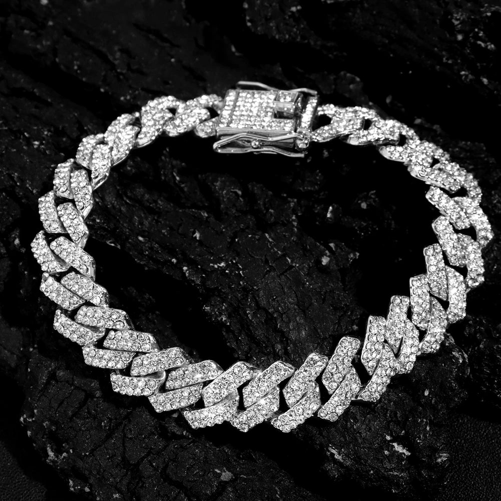Cuban Link Chain Iced Out 2 Row Rhinestone Cuban Chain Bracelets Wristband