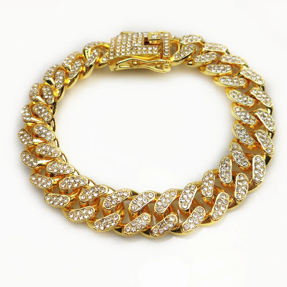 Crystal Stone Cuban Chain Hip Hop Bracelet Metal Link Chain Rhinestone Luck Closure Lock