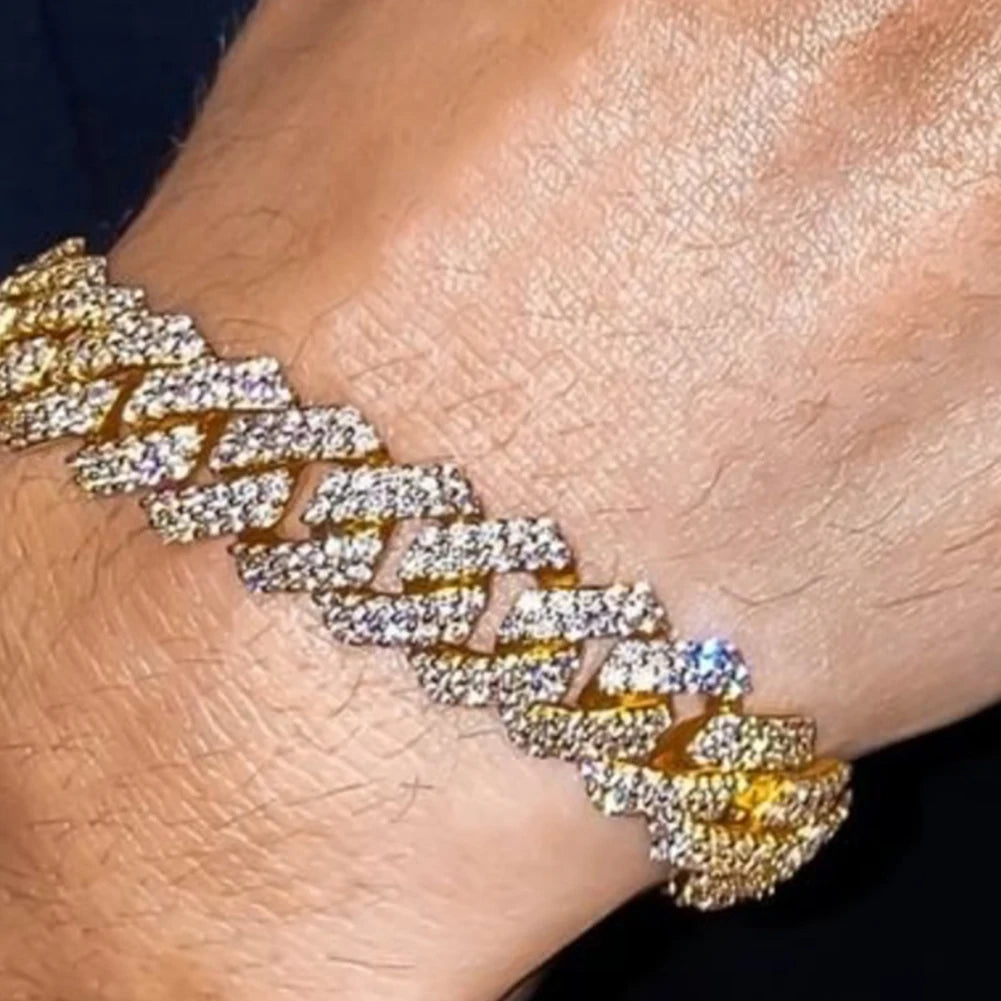 Cuban Link Chain Iced Out 2 Row Rhinestone Cuban Chain Bracelets Wristband