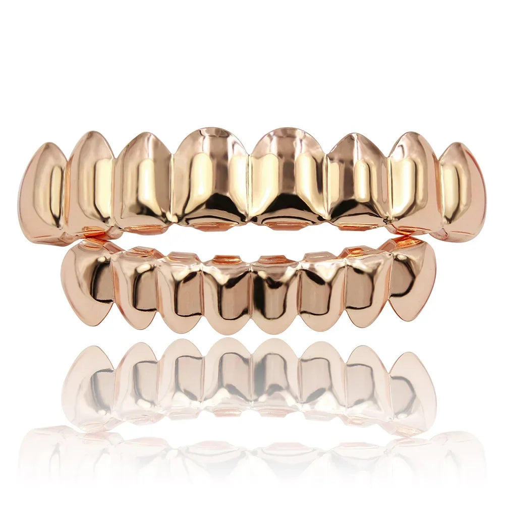 Gold Silver Plated HIP HOP Teeth Grillz Top & Bottom Grills Set With silicone Real Shiny Vampire Tooth Sets