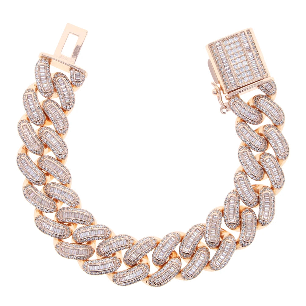 Iced Out Cuban Link Bracelet For Men Prong Setting CZ Cubic Zirconia Two Tone Color Chain Bangle Hip Hop Jewelry