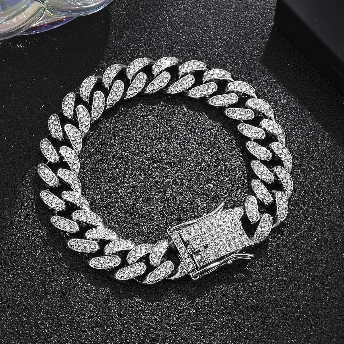 Crystal Stone Cuban Chain Hip Hop Bracelet Metal Link Chain Rhinestone Luck Closure Lock