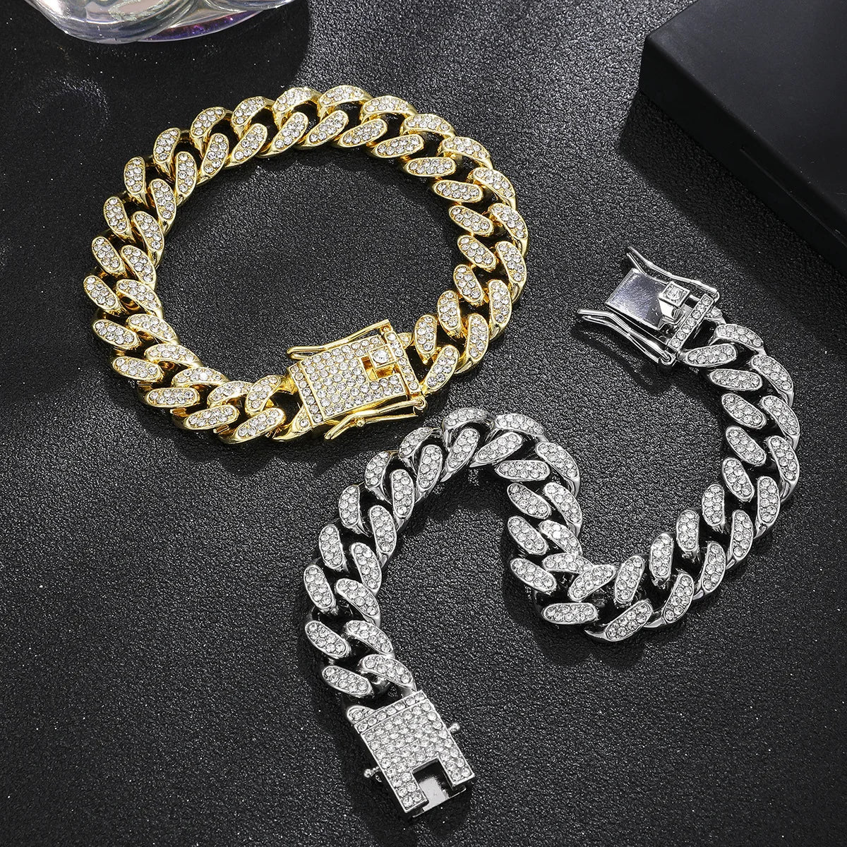 Crystal Stone Cuban Chain Hip Hop Bracelet Metal Link Chain Rhinestone Luck Closure Lock