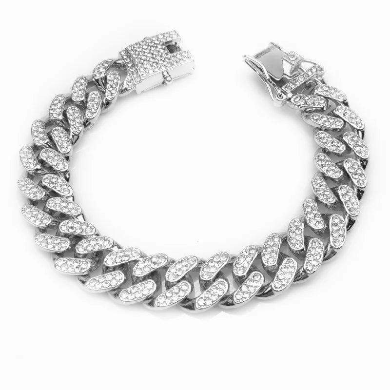 Crystal Stone Cuban Chain Hip Hop Bracelet Metal Link Chain Rhinestone Luck Closure Lock