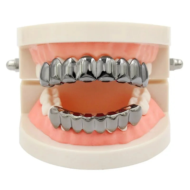 Gold Silver Plated HIP HOP Teeth Grillz Top & Bottom Grills Set With silicone Real Shiny Vampire Tooth Sets
