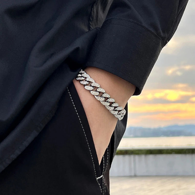 Crystal Stone Cuban Chain Hip Hop Bracelet Metal Link Chain Rhinestone Luck Closure Lock