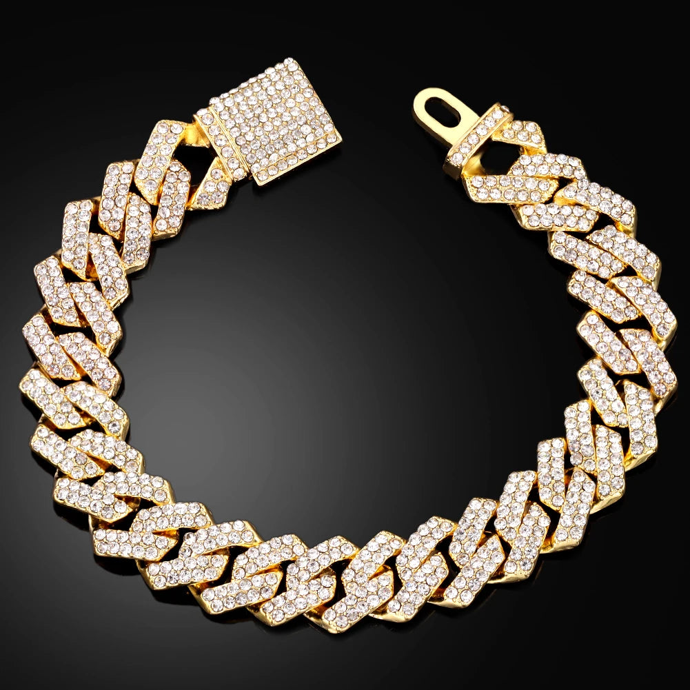 Cuban Link Chain Iced Out 2 Row Rhinestone Cuban Chain Bracelets Wristband