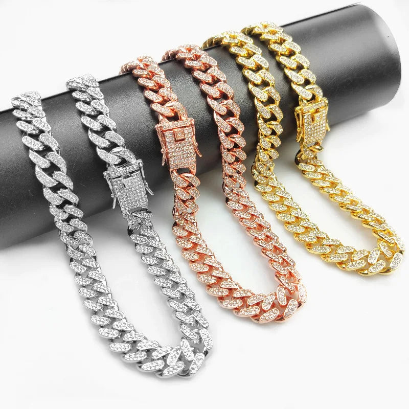 Crystal Stone Cuban Chain Hip Hop Bracelet Metal Link Chain Rhinestone Luck Closure Lock